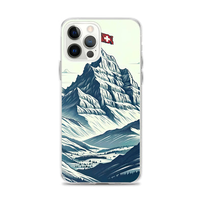 Ausgedehnte Bergkette mit dominierendem Gipfel und wehender Schweizer Flagge - iPhone Schutzhülle (durchsichtig) berge xxx yyy zzz iPhone 12 Pro Max