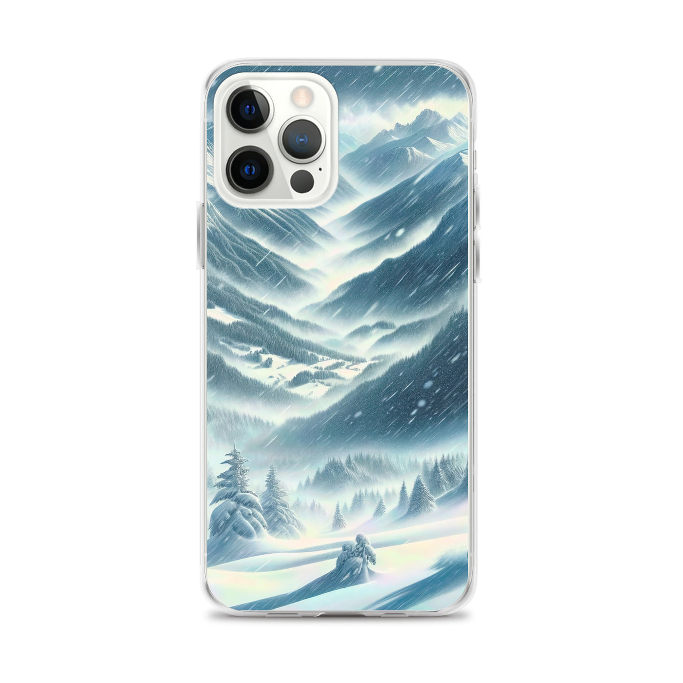 Alpine Wildnis im Wintersturm mit Skifahrer, verschneite Landschaft - iPhone Schutzhülle (durchsichtig) klettern ski xxx yyy zzz iPhone 12 Pro Max