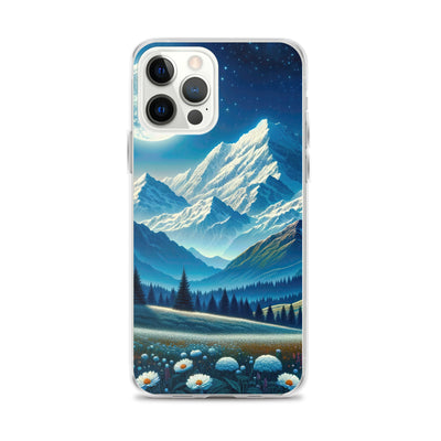Klare frühlingshafte Alpennacht mit Blumen und Vollmond über Schneegipfeln - iPhone Schutzhülle (durchsichtig) berge xxx yyy zzz iPhone 12 Pro Max