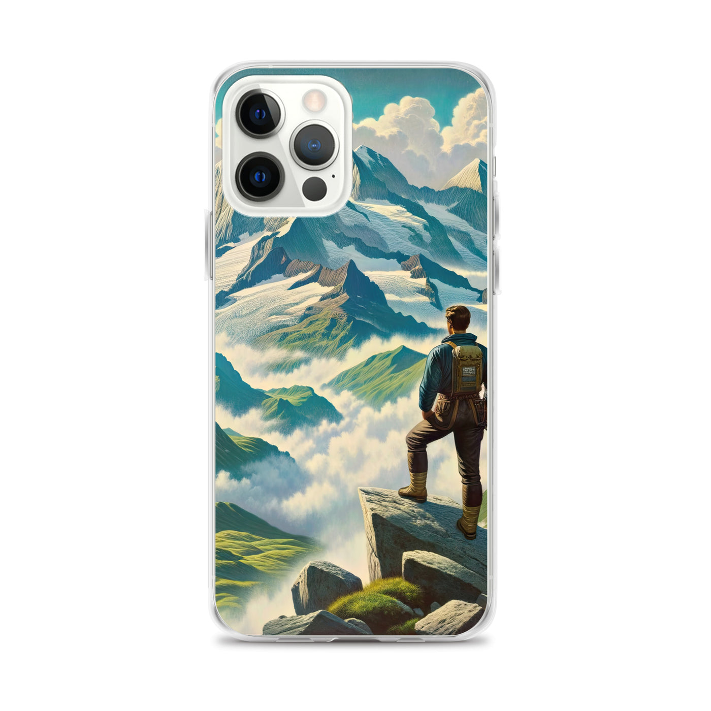 Panoramablick der Alpen mit Wanderer auf einem Hügel und schroffen Gipfeln - iPhone Schutzhülle (durchsichtig) wandern xxx yyy zzz iPhone 12 Pro Max