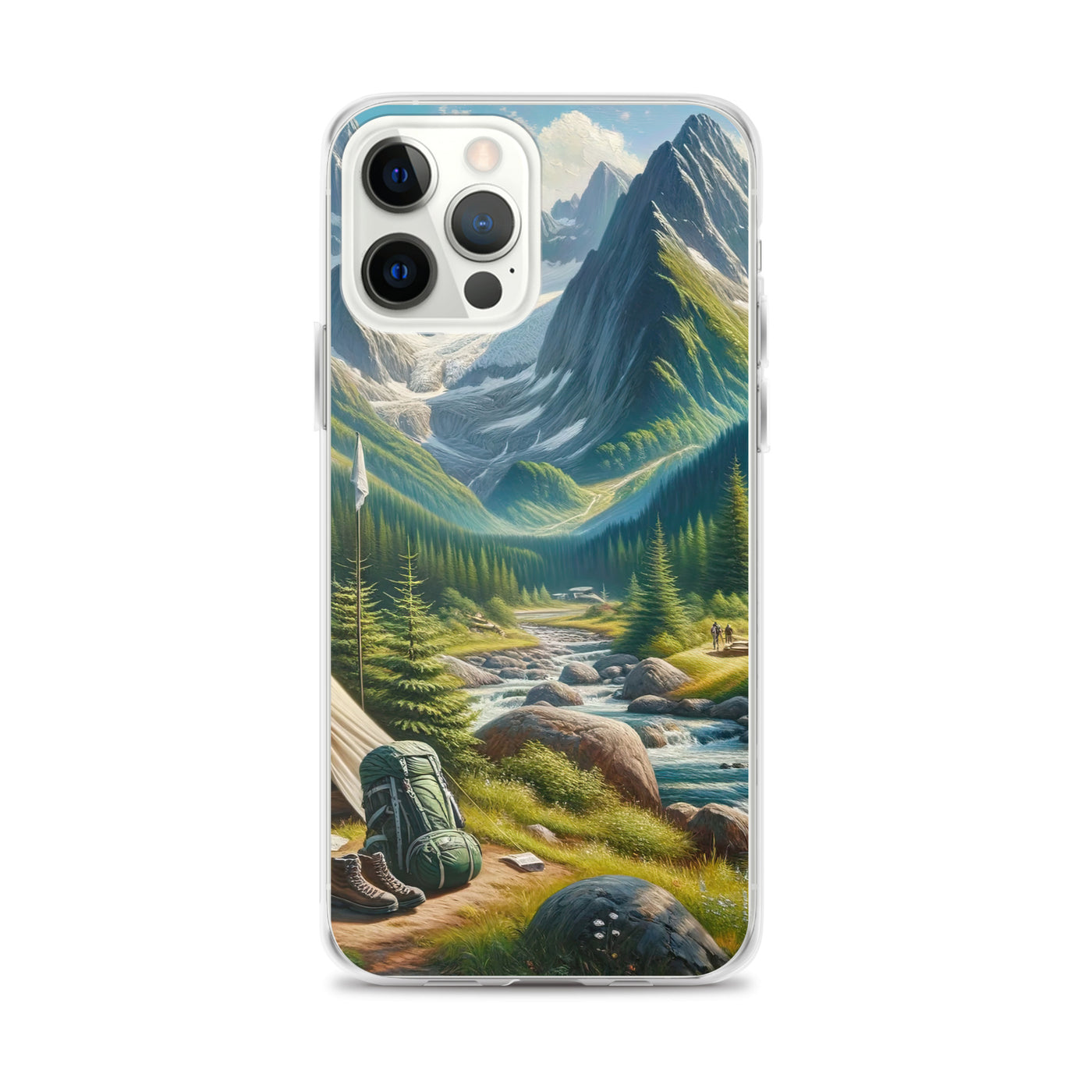 Ölgemälde der Alpensommerlandschaft mit Zelt, Gipfeln, Wäldern und Bächen - iPhone Schutzhülle (durchsichtig) camping xxx yyy zzz iPhone 12 Pro Max