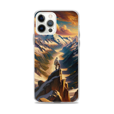 Ölgemälde eines Wanderers auf einem Hügel mit Panoramablick auf schneebedeckte Alpen und goldenen Himmel - iPhone Schutzhülle (durchsichtig) wandern xxx yyy zzz iPhone 12 Pro Max