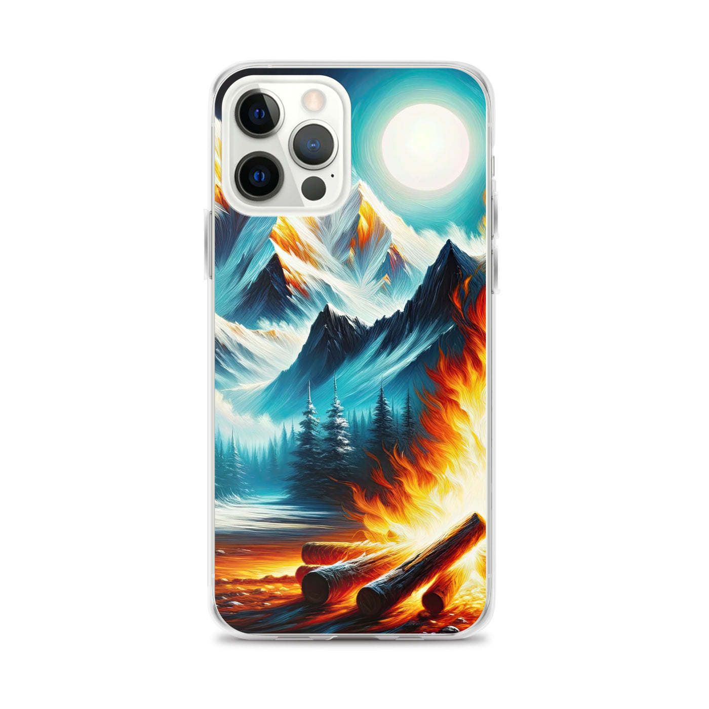 Ölgemälde von Feuer und Eis: Lagerfeuer und Alpen im Kontrast, warme Flammen - iPhone Schutzhülle (durchsichtig) camping xxx yyy zzz iPhone 12 Pro Max