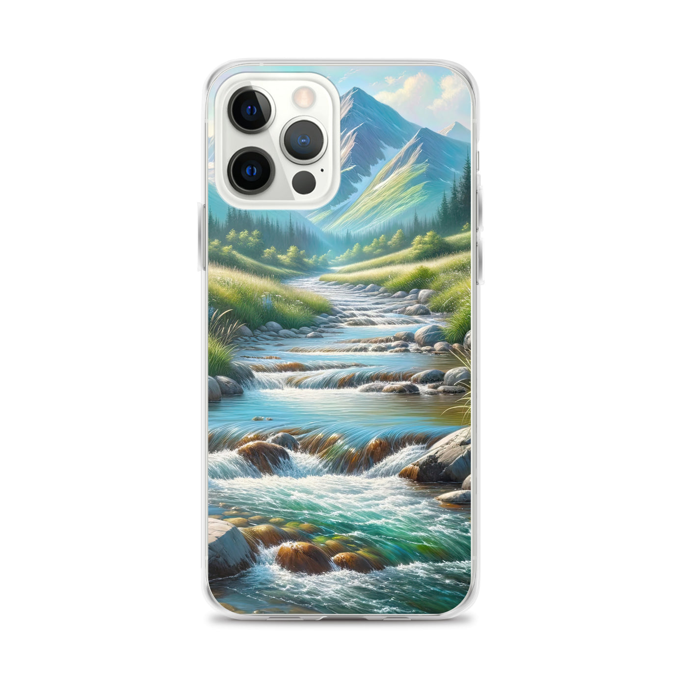 Sanfter Gebirgsbach in Ölgemälde, klares Wasser über glatten Felsen - iPhone Schutzhülle (durchsichtig) berge xxx yyy zzz iPhone 12 Pro Max