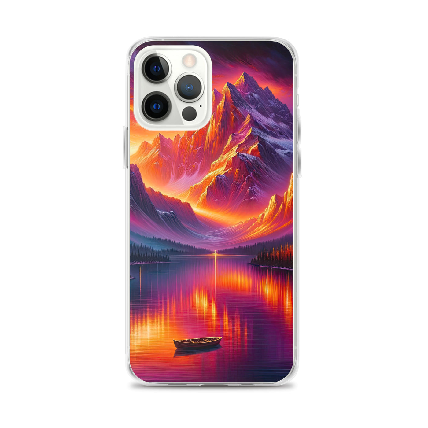 Ölgemälde eines Bootes auf einem Bergsee bei Sonnenuntergang, lebendige Orange-Lila Töne - iPhone Schutzhülle (durchsichtig) berge xxx yyy zzz iPhone 12 Pro Max