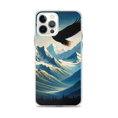 Ölgemälde eines Adlers vor schneebedeckten Bergsilhouetten - iPhone Schutzhülle (durchsichtig) berge xxx yyy zzz iPhone 12 Pro Max