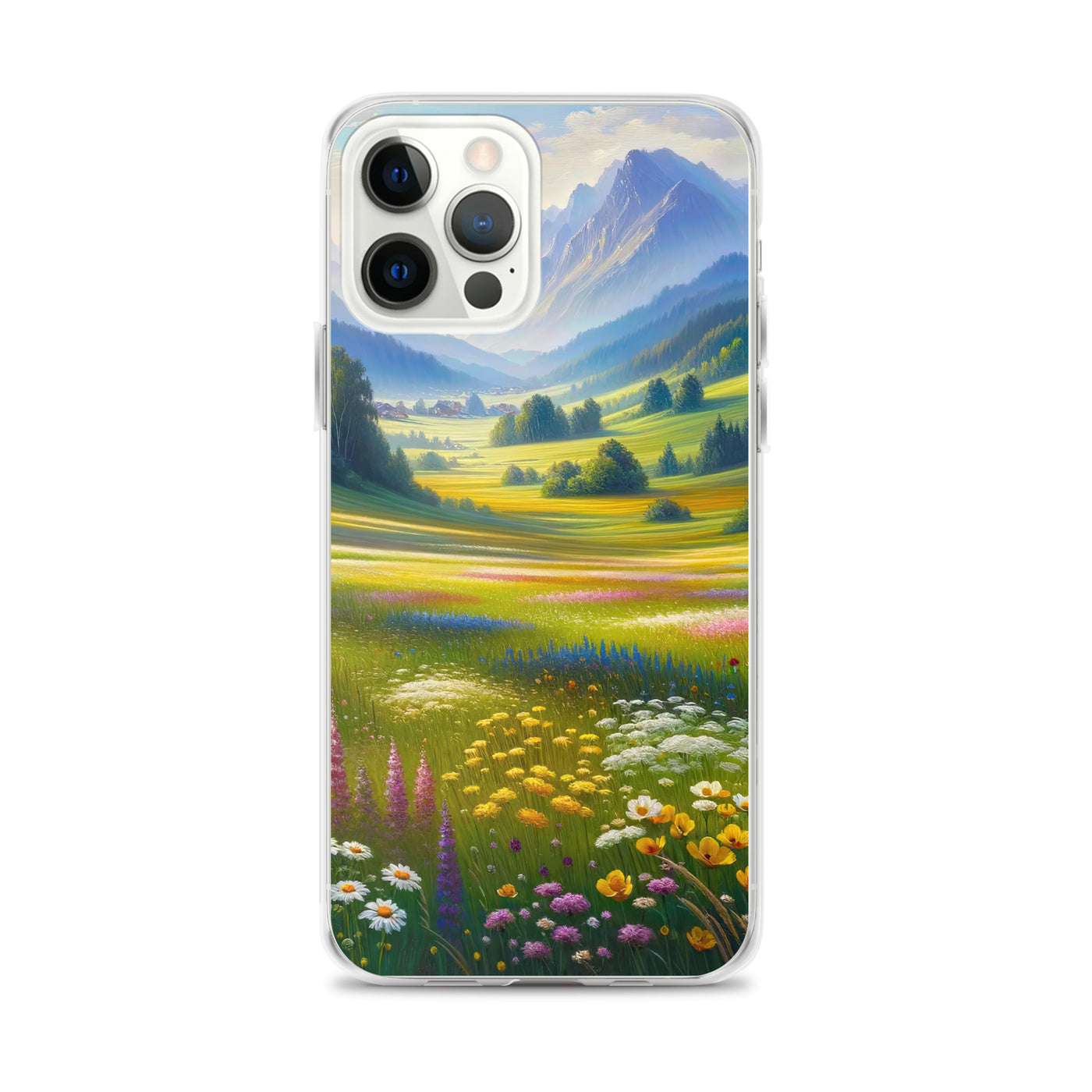 Ölgemälde einer Almwiese, Meer aus Wildblumen in Gelb- und Lilatönen - iPhone Schutzhülle (durchsichtig) berge xxx yyy zzz iPhone 12 Pro Max