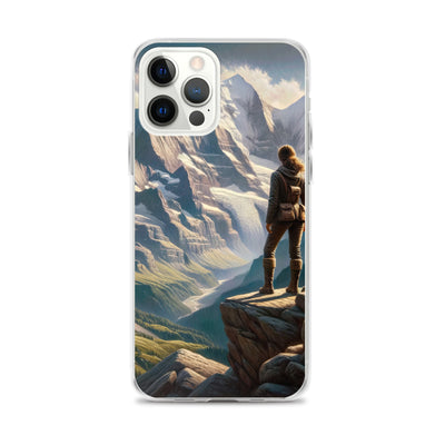 Ölgemälde der Alpengipfel mit Schweizer Abenteurerin auf Felsvorsprung - iPhone Schutzhülle (durchsichtig) wandern xxx yyy zzz iPhone 12 Pro Max