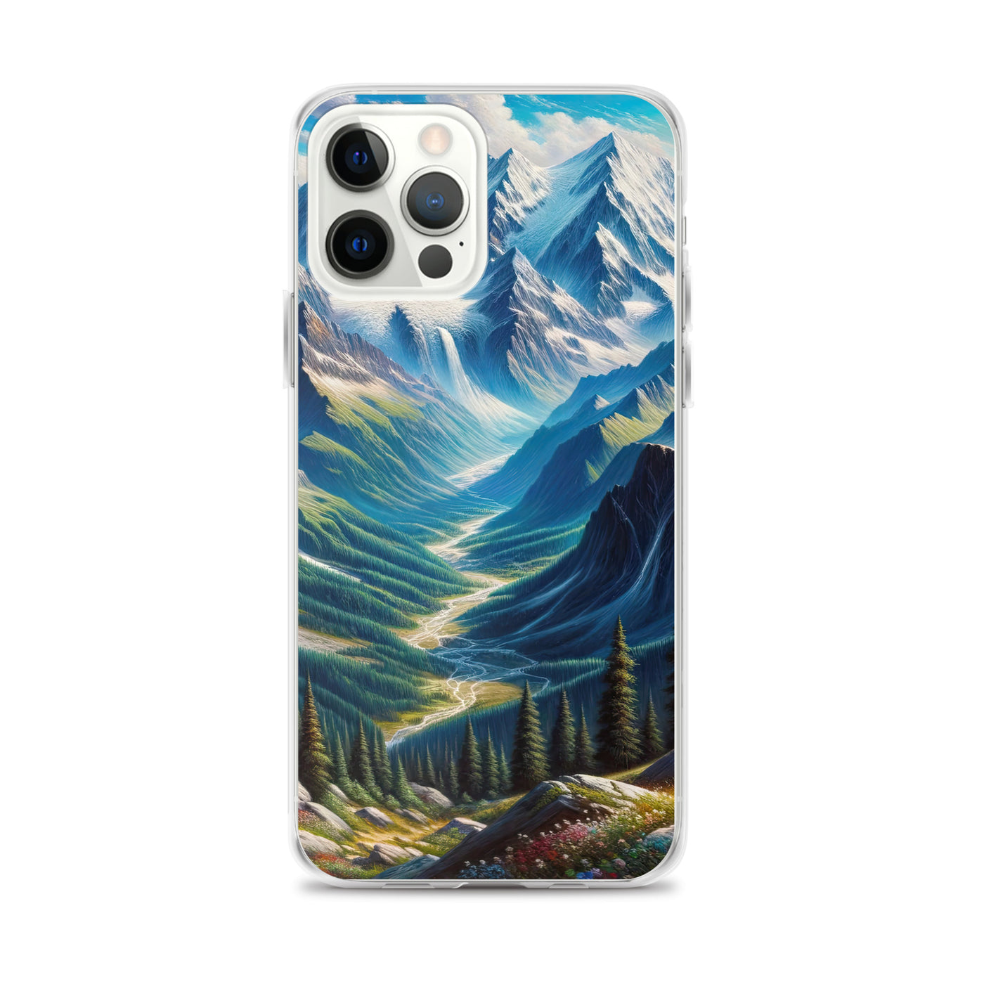 Panorama-Ölgemälde der Alpen mit schneebedeckten Gipfeln und schlängelnden Flusstälern - iPhone Schutzhülle (durchsichtig) berge xxx yyy zzz iPhone 12 Pro Max