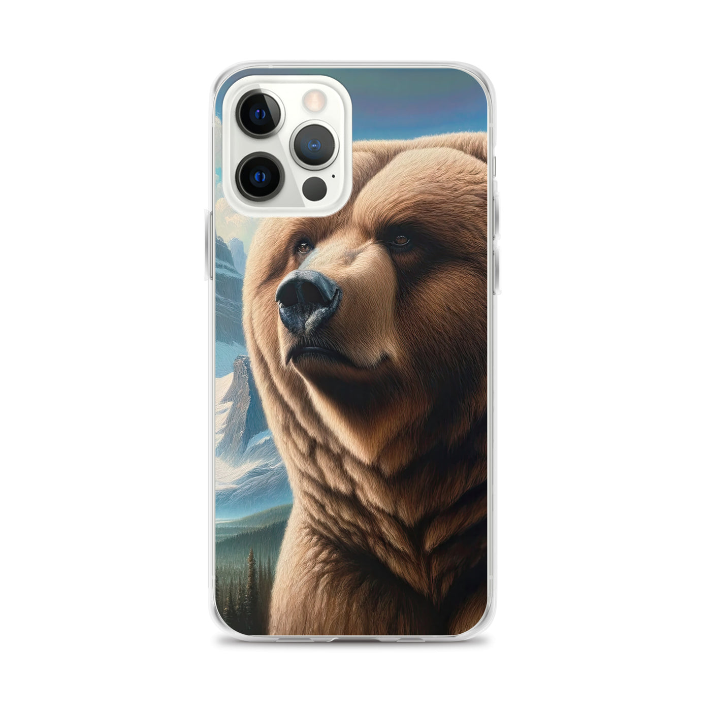 Realistisches Ölgemälde eines männlichen Bären in den Bergen mit Fokus auf Stärke und Schärfe - iPhone Schutzhülle (durchsichtig) camping xxx yyy zzz iPhone 12 Pro Max