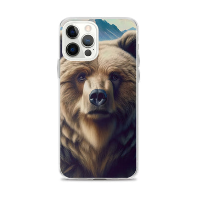 Foto eines Bären vor abstrakt gemalten Alpenbergen, Oberkörper im Fokus - iPhone Schutzhülle (durchsichtig) camping xxx yyy zzz iPhone 12 Pro Max