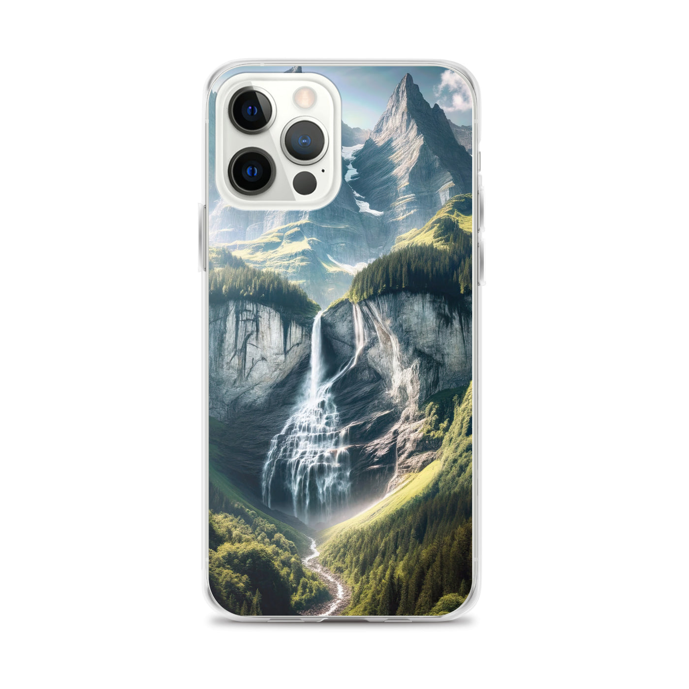 Foto der sommerlichen Alpen mit üppigen Gipfeln und Wasserfall - iPhone Schutzhülle (durchsichtig) berge xxx yyy zzz iPhone 12 Pro Max