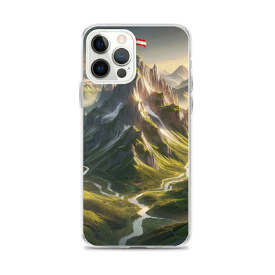 Fotorealistisches Bild der Alpen mit österreichischer Flagge, scharfen Gipfeln und grünen Tälern - iPhone Schutzhülle (durchsichtig) berge xxx yyy zzz iPhone 12 Pro Max
