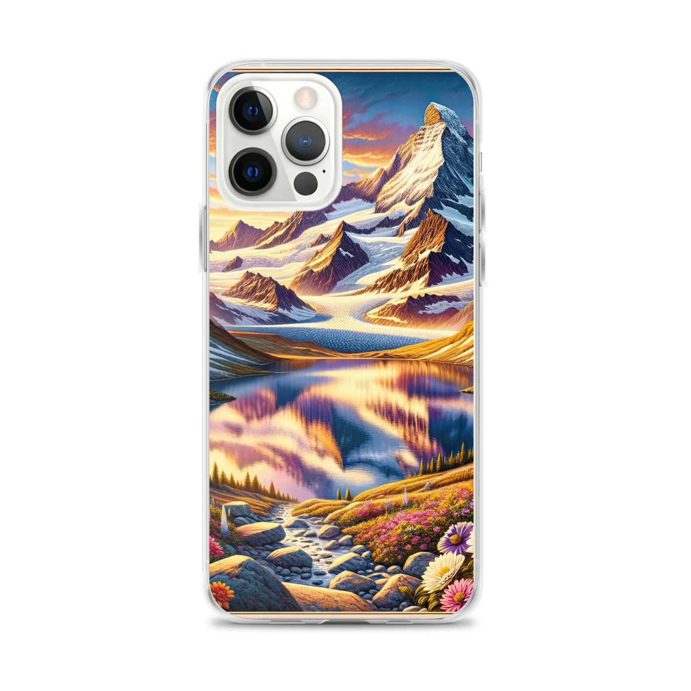 Quadratische Illustration der Alpen mit schneebedeckten Gipfeln und Wildblumen - iPhone Schutzhülle (durchsichtig) berge xxx yyy zzz iPhone 12 Pro Max