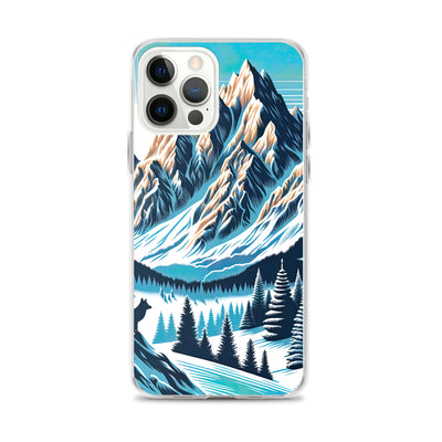 Vektorgrafik eines Wolfes im winterlichen Alpenmorgen, Berge mit Schnee- und Felsmustern - iPhone Schutzhülle (durchsichtig) berge xxx yyy zzz iPhone 12 Pro Max