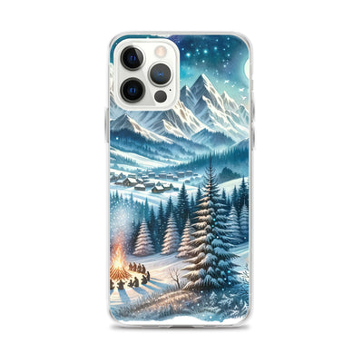 Aquarell eines Winterabends in den Alpen mit Lagerfeuer und Wanderern, glitzernder Neuschnee - iPhone Schutzhülle (durchsichtig) camping xxx yyy zzz iPhone 12 Pro Max