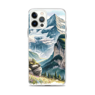 Aquarell-Panoramablick der Alpen mit schneebedeckten Gipfeln, Wasserfällen und Wanderern - iPhone Schutzhülle (durchsichtig) wandern xxx yyy zzz iPhone 12 Pro Max
