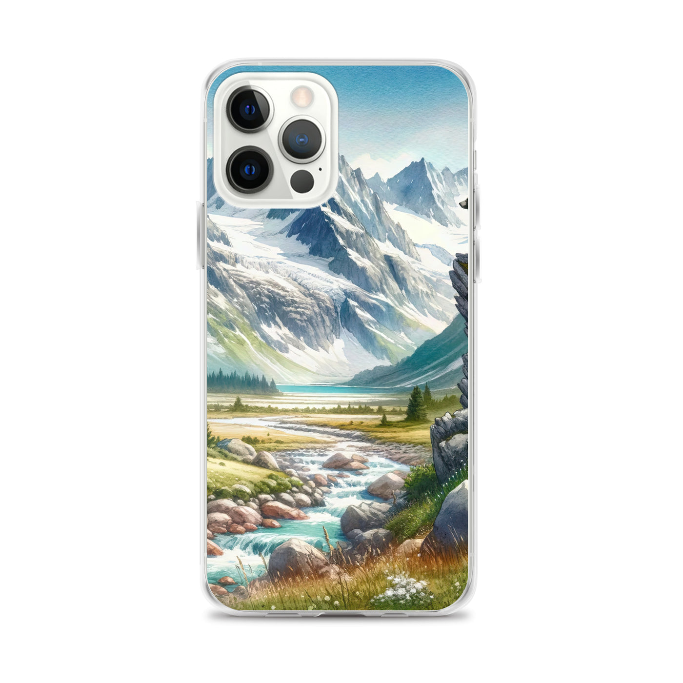 Aquarellmalerei eines Bären und der sommerlichen Alpenschönheit mit schneebedeckten Ketten - iPhone Schutzhülle (durchsichtig) camping xxx yyy zzz iPhone 12 Pro Max