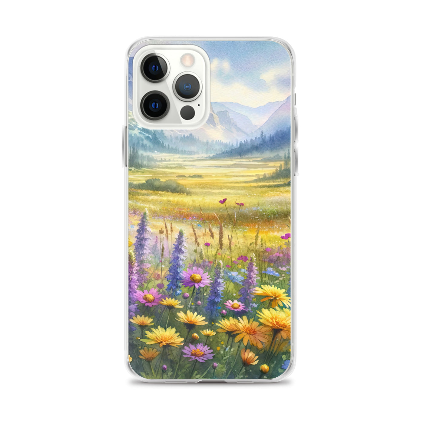 Aquarell einer Almwiese in Ruhe, Wildblumenteppich in Gelb, Lila, Rosa - iPhone Schutzhülle (durchsichtig) berge xxx yyy zzz iPhone 12 Pro Max