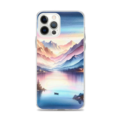 Aquarell einer Dämmerung in den Alpen, Boot auf einem See in Pastell-Licht - iPhone Schutzhülle (durchsichtig) berge xxx yyy zzz iPhone 12 Pro Max