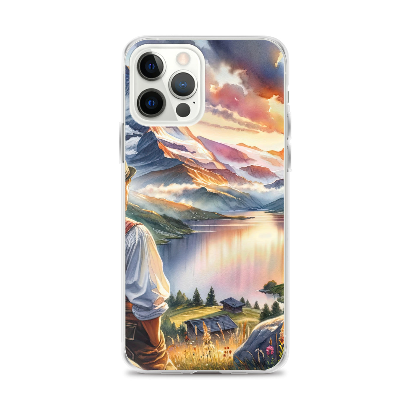 Aquarell einer Berglandschaft in der goldenen Stunde mit österreichischem Wanderer - iPhone Schutzhülle (durchsichtig) wandern xxx yyy zzz iPhone 12 Pro Max