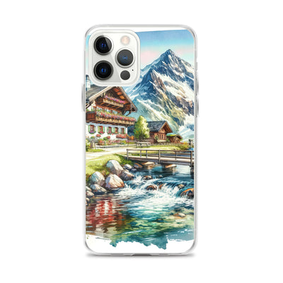 Aquarell der frühlingshaften Alpenkette mit österreichischer Flagge und schmelzendem Schnee - iPhone Schutzhülle (durchsichtig) berge xxx yyy zzz iPhone 12 Pro Max