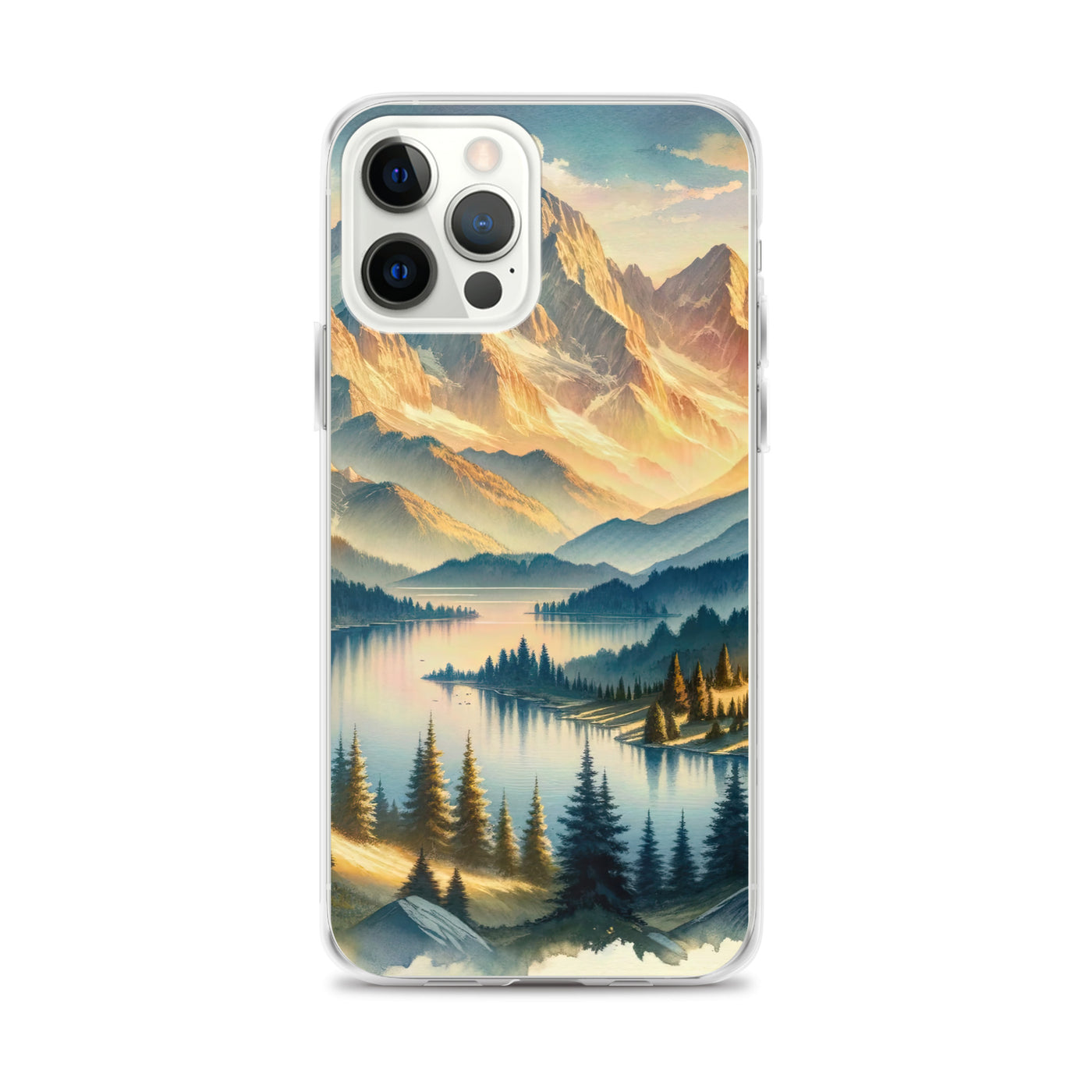 Aquarell der Alpenpracht bei Sonnenuntergang, Berge im goldenen Licht - iPhone Schutzhülle (durchsichtig) berge xxx yyy zzz iPhone 12 Pro Max
