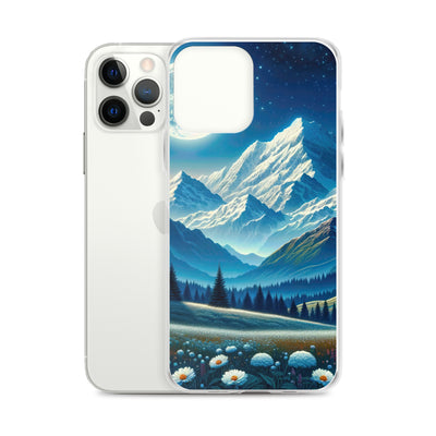 Klare frühlingshafte Alpennacht mit Blumen und Vollmond über Schneegipfeln - iPhone Schutzhülle (durchsichtig) berge xxx yyy zzz