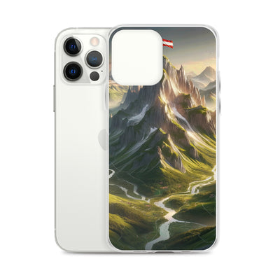 Fotorealistisches Bild der Alpen mit österreichischer Flagge, scharfen Gipfeln und grünen Tälern - iPhone Schutzhülle (durchsichtig) berge xxx yyy zzz
