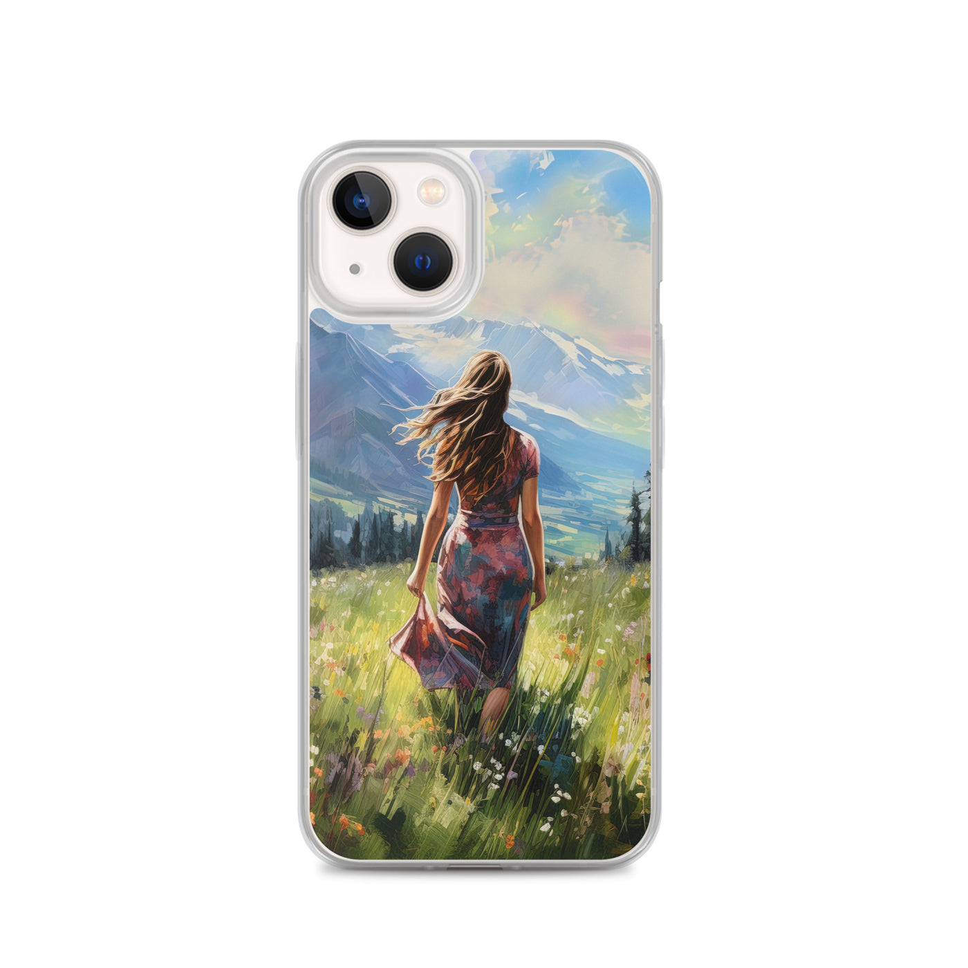 Frau mit langen Kleid im Feld mit Blumen - Berge im Hintergrund - Malerei - iPhone Schutzhülle (durchsichtig) berge xxx iPhone 13