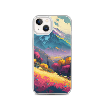 Berge, pinke und gelbe Bäume, sowie Blumen - Farbige Malerei - iPhone Schutzhülle (durchsichtig) berge xxx iPhone 13