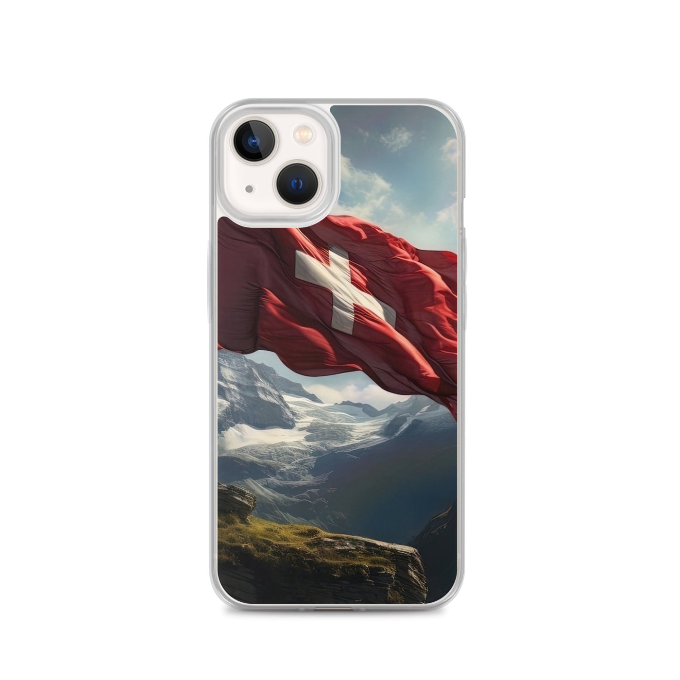 Schweizer Flagge und Berge im Hintergrund - Fotorealistische Malerei - iPhone Schutzhülle (durchsichtig) berge xxx iPhone 13
