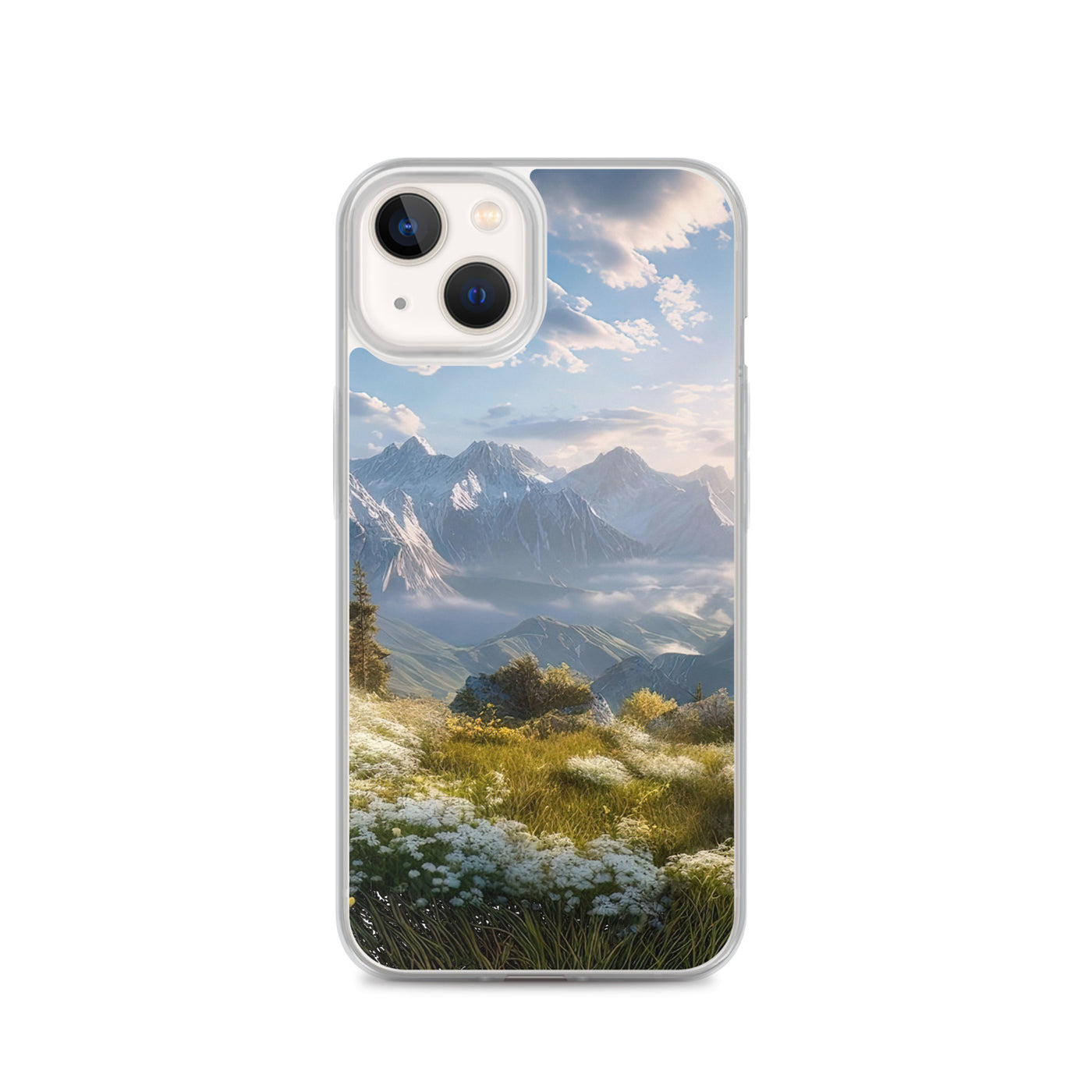 Berglandschaft mit Sonnenschein, Blumen und Bäumen - Malerei - iPhone Schutzhülle (durchsichtig) berge xxx iPhone 13