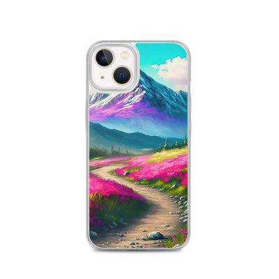 Berg, pinke Blumen und Wanderweg - Landschaftsmalerei - iPhone Schutzhülle (durchsichtig) berge xxx iPhone 13
