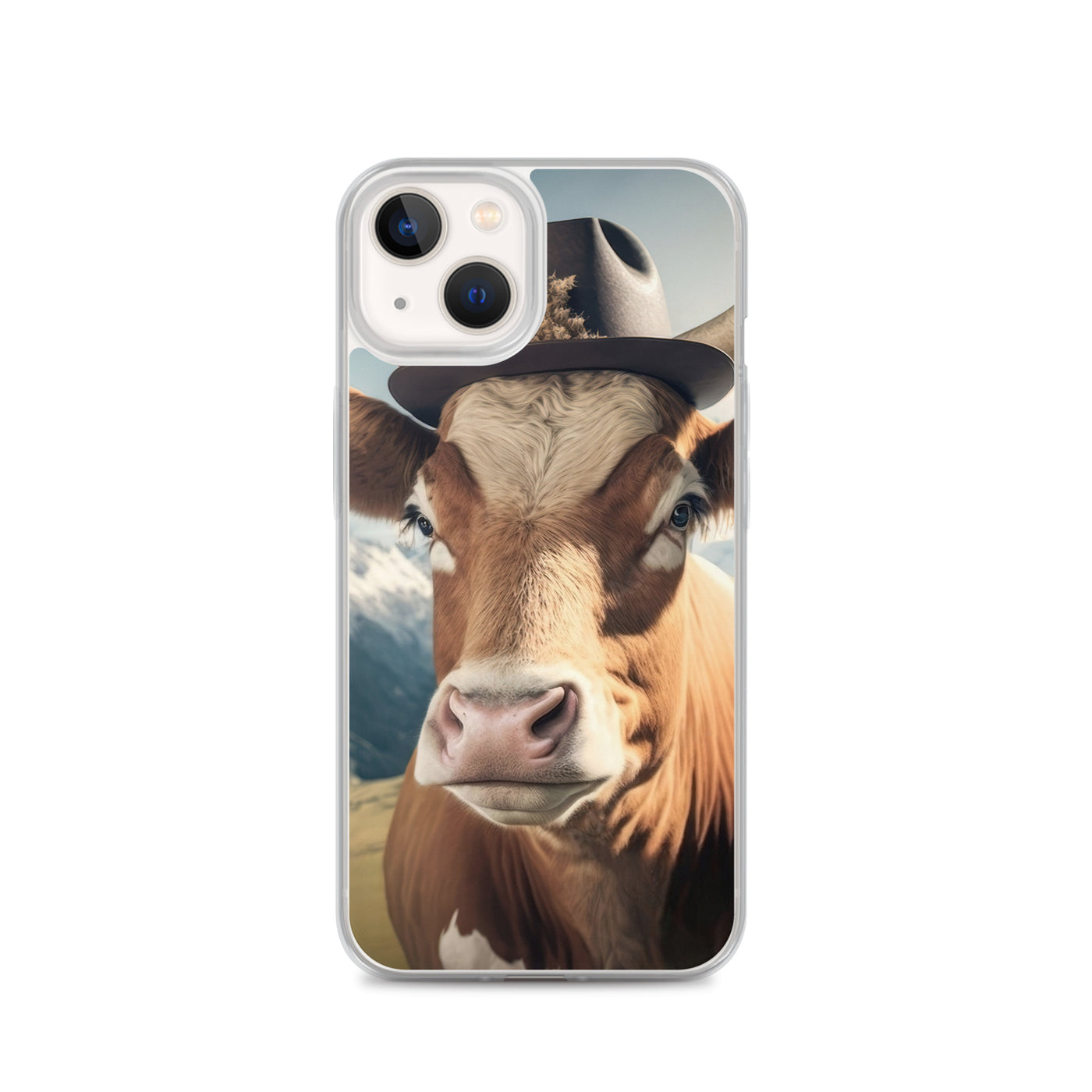 Kuh mit Hut in den Alpen - Berge im Hintergrund - Landschaftsmalerei - iPhone Schutzhülle (durchsichtig) berge xxx iPhone 13
