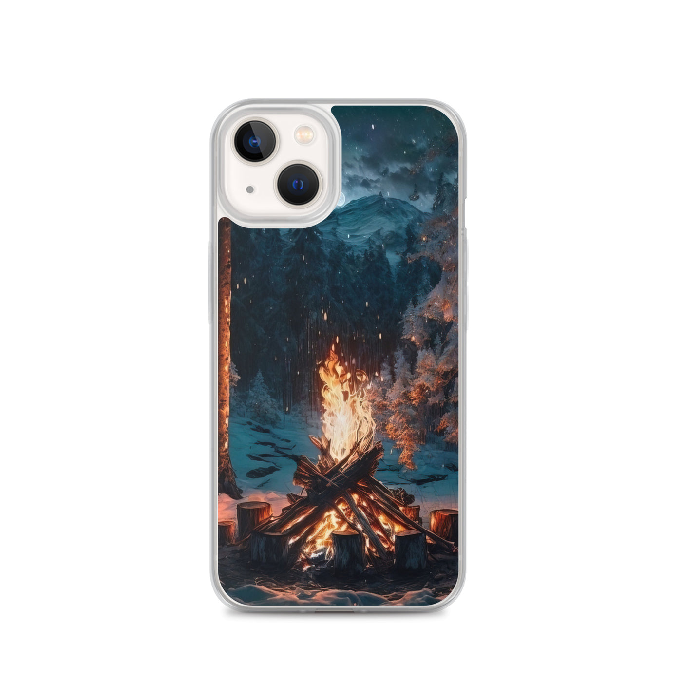 Lagerfeuer beim Camping - Wald mit Schneebedeckten Bäumen - Malerei - iPhone Schutzhülle (durchsichtig) camping xxx iPhone 13