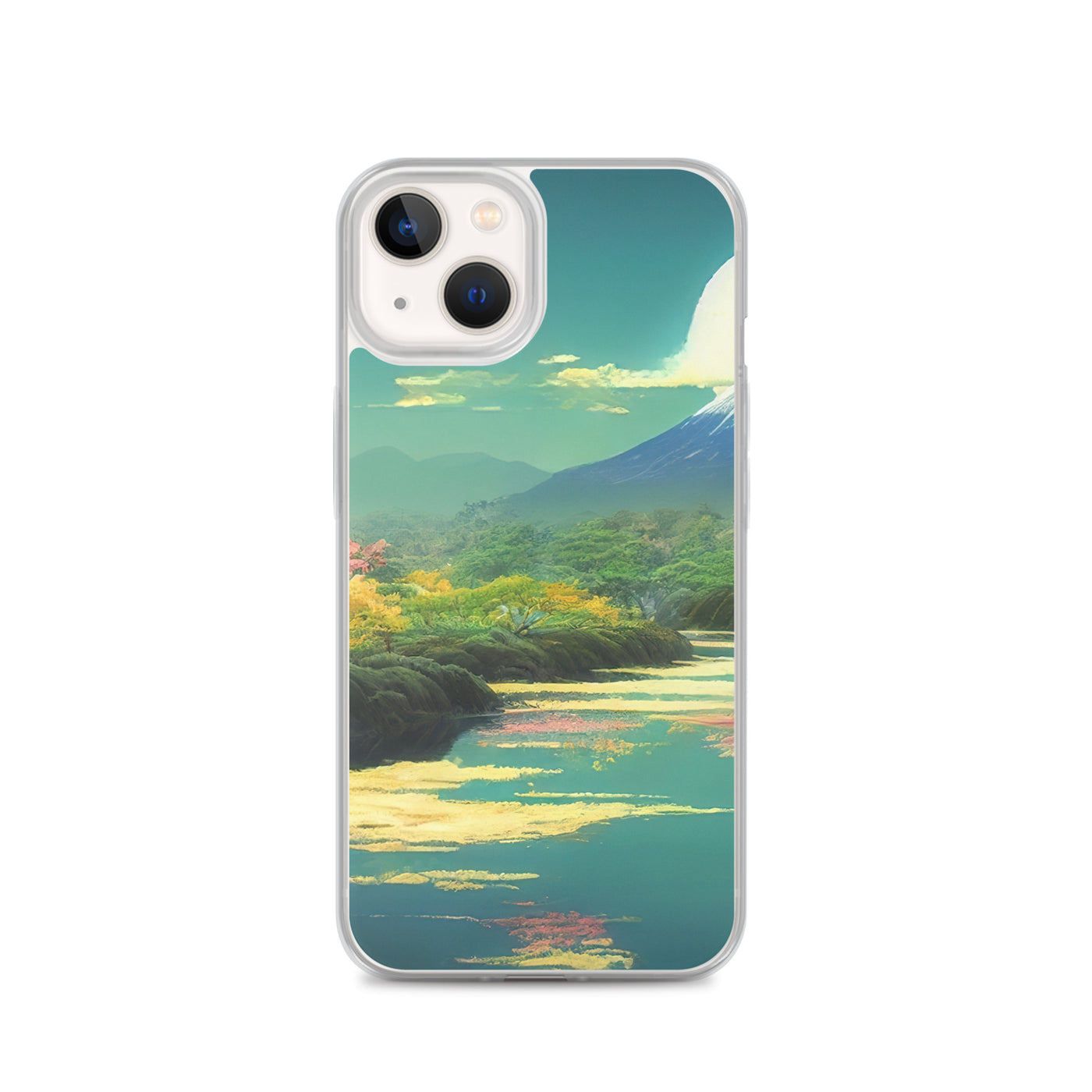 Berg, See und Wald mit pinken Bäumen - Landschaftsmalerei - iPhone Schutzhülle (durchsichtig) berge xxx iPhone 13