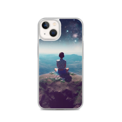 Frau sitzt auf Berg – Cosmos und Sterne im Hintergrund - Landschaftsmalerei - iPhone Schutzhülle (durchsichtig) berge xxx iPhone 13