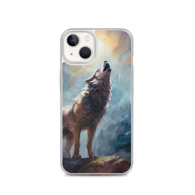 Heulender Wolf auf Berggipfel und Mond im Hintergrund – Abstrakte Malerei - iPhone Schutzhülle (durchsichtig) camping xxx iPhone 13