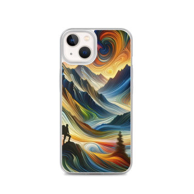 Abstraktes Kunstgemälde der Alpen mit wirbelnden, lebendigen Farben und dynamischen Mustern. Wanderer Silhouette - iPhone Schutzhülle (durchsichtig) wandern xxx yyy zzz iPhone 13