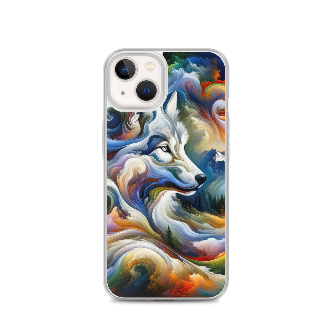 Abstraktes Alpen Gemälde: Wirbelnde Farben und Majestätischer Wolf, Silhouette (AN) - iPhone Schutzhülle (durchsichtig) xxx yyy zzz iPhone 13