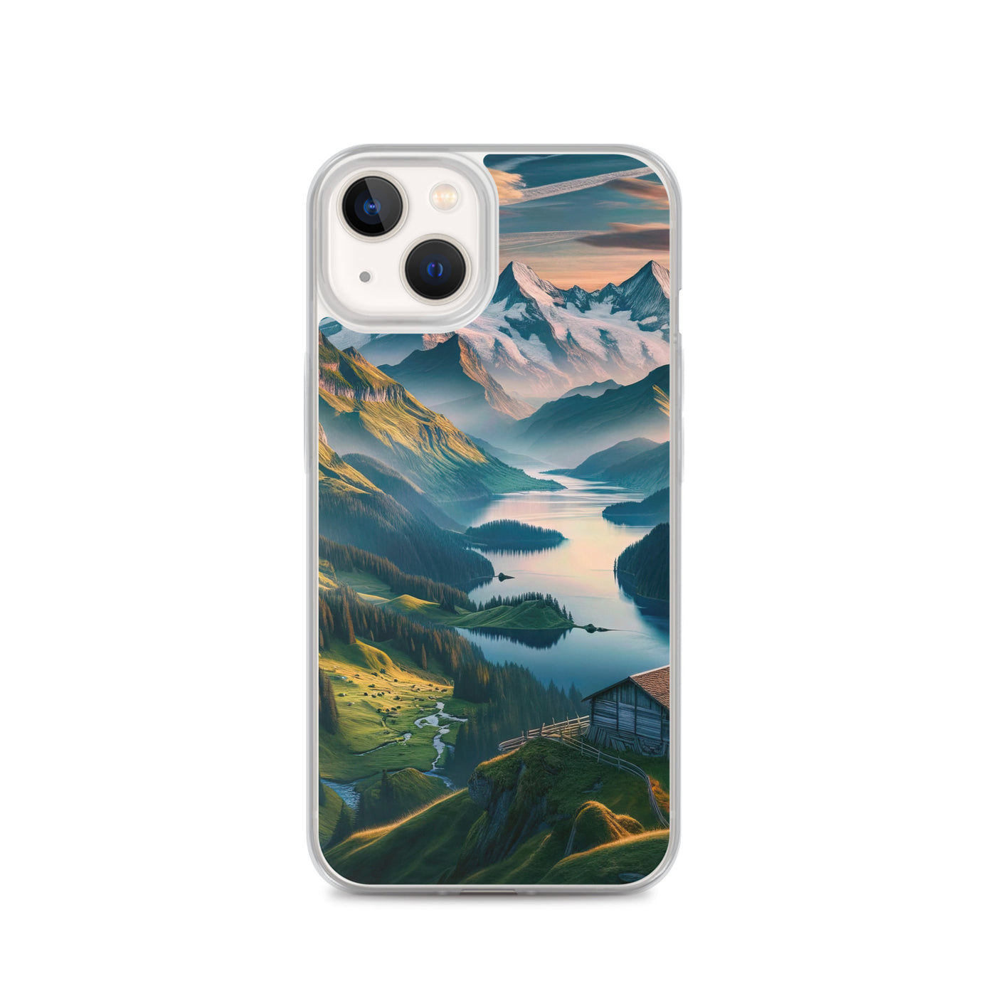 Schweizer Flagge, Alpenidylle: Dämmerlicht, epische Berge und stille Gewässer - iPhone Schutzhülle (durchsichtig) berge xxx yyy zzz iPhone 13
