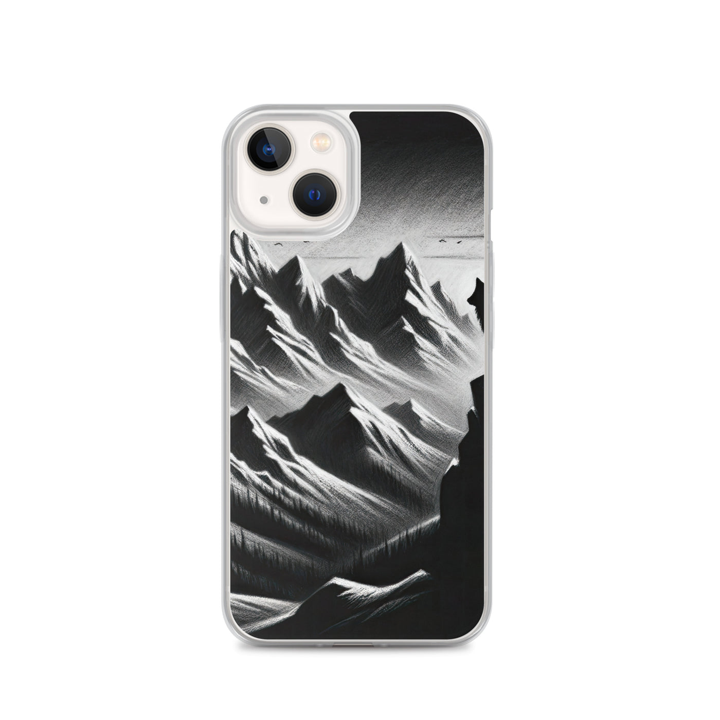 Kohlezeichnung, die die stille Stille der Alpen in der Winterdämmerung verkörpert. Wolf auf einem Berghügel (AN) - iPhone Schutzhülle (durchsichtig) xxx yyy zzz iPhone 13