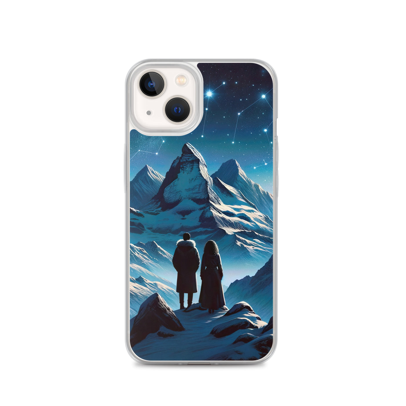Alpenwinternacht: Digitale Kunst mit Wanderern in Bergen und Sternenhimmel - iPhone Schutzhülle (durchsichtig) wandern xxx yyy zzz iPhone 13