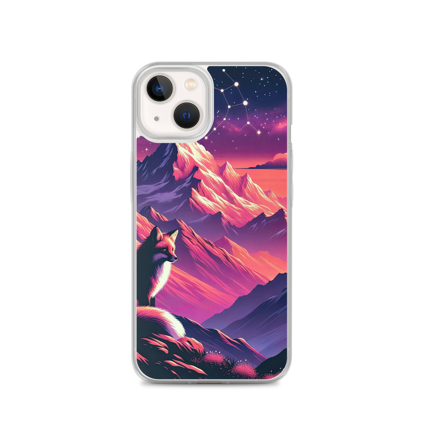 Fuchs im dramatischen Sonnenuntergang: Digitale Bergillustration in Abendfarben - iPhone Schutzhülle (durchsichtig) camping xxx yyy zzz iPhone 13