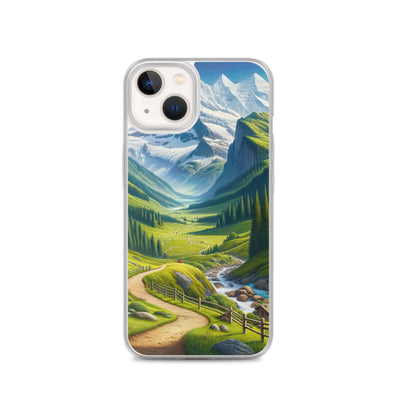 Wanderer in den Bergen und Wald: Digitale Malerei mit grünen kurvenreichen Pfaden - iPhone Schutzhülle (durchsichtig) wandern xxx yyy zzz iPhone 13