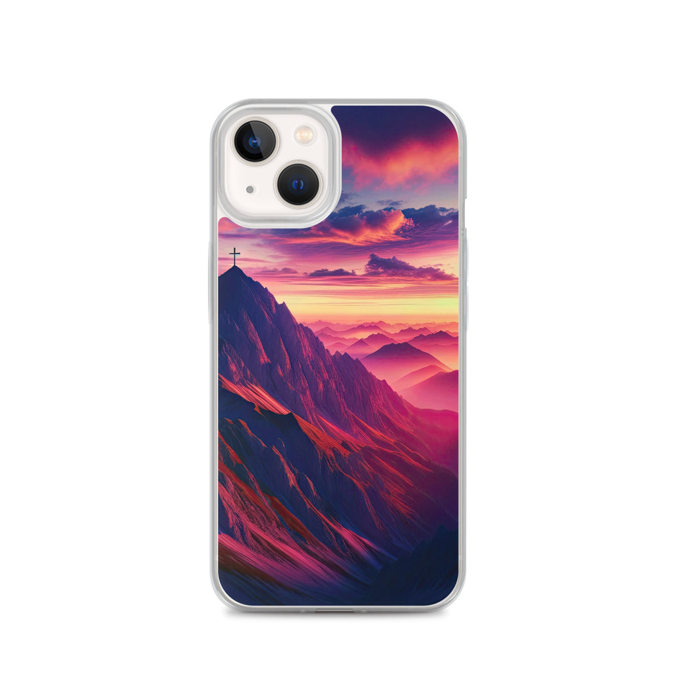 Dramatischer Alpen-Sonnenaufgang, Gipfelkreuz und warme Himmelsfarben - iPhone Schutzhülle (durchsichtig) berge xxx yyy zzz iPhone 13
