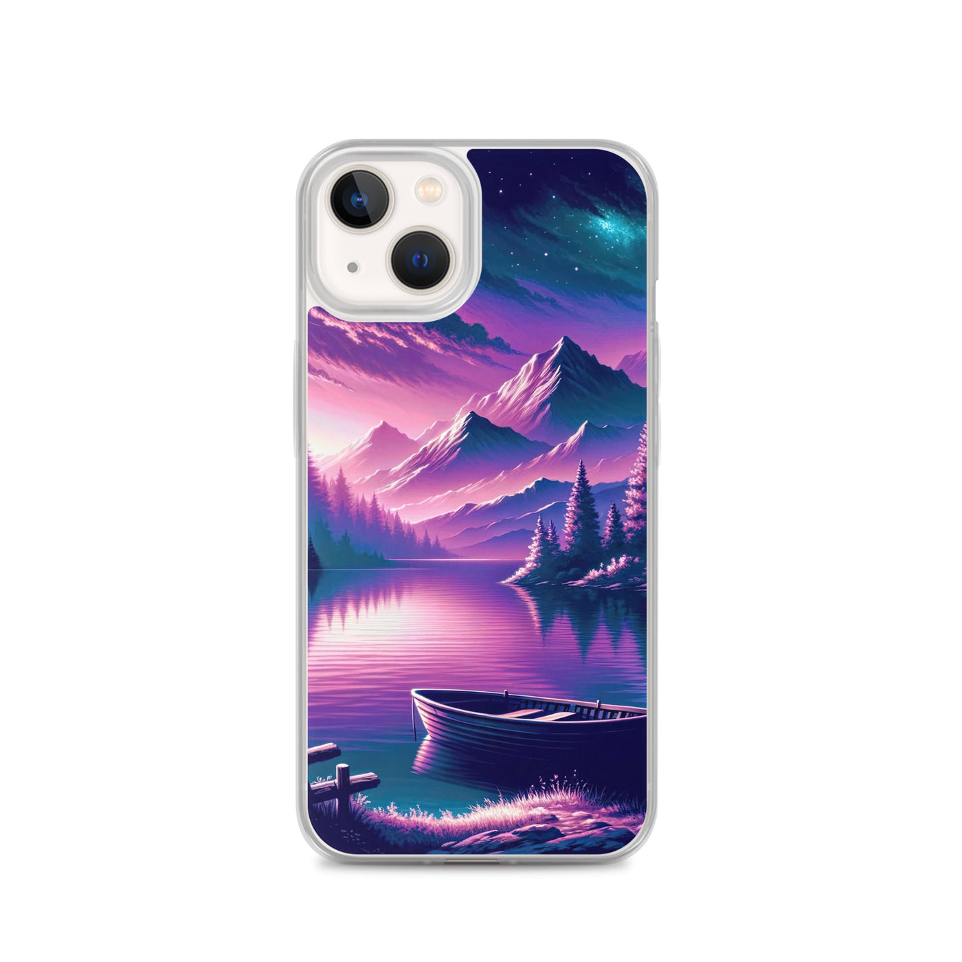 Magische Alpen-Dämmerung, rosa-lila Himmel und Bergsee mit Boot - iPhone Schutzhülle (durchsichtig) berge xxx yyy zzz iPhone 13