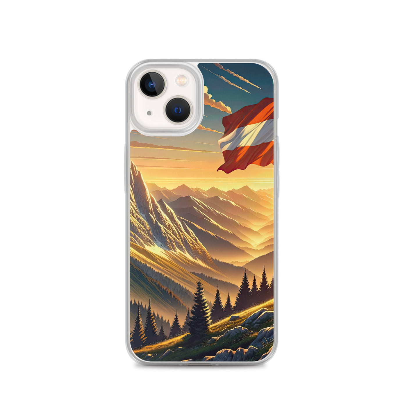 Ruhiger Alpenabend mit österreichischer Flagge und goldenem Sonnenuntergang - iPhone Schutzhülle (durchsichtig) berge xxx yyy zzz iPhone 13
