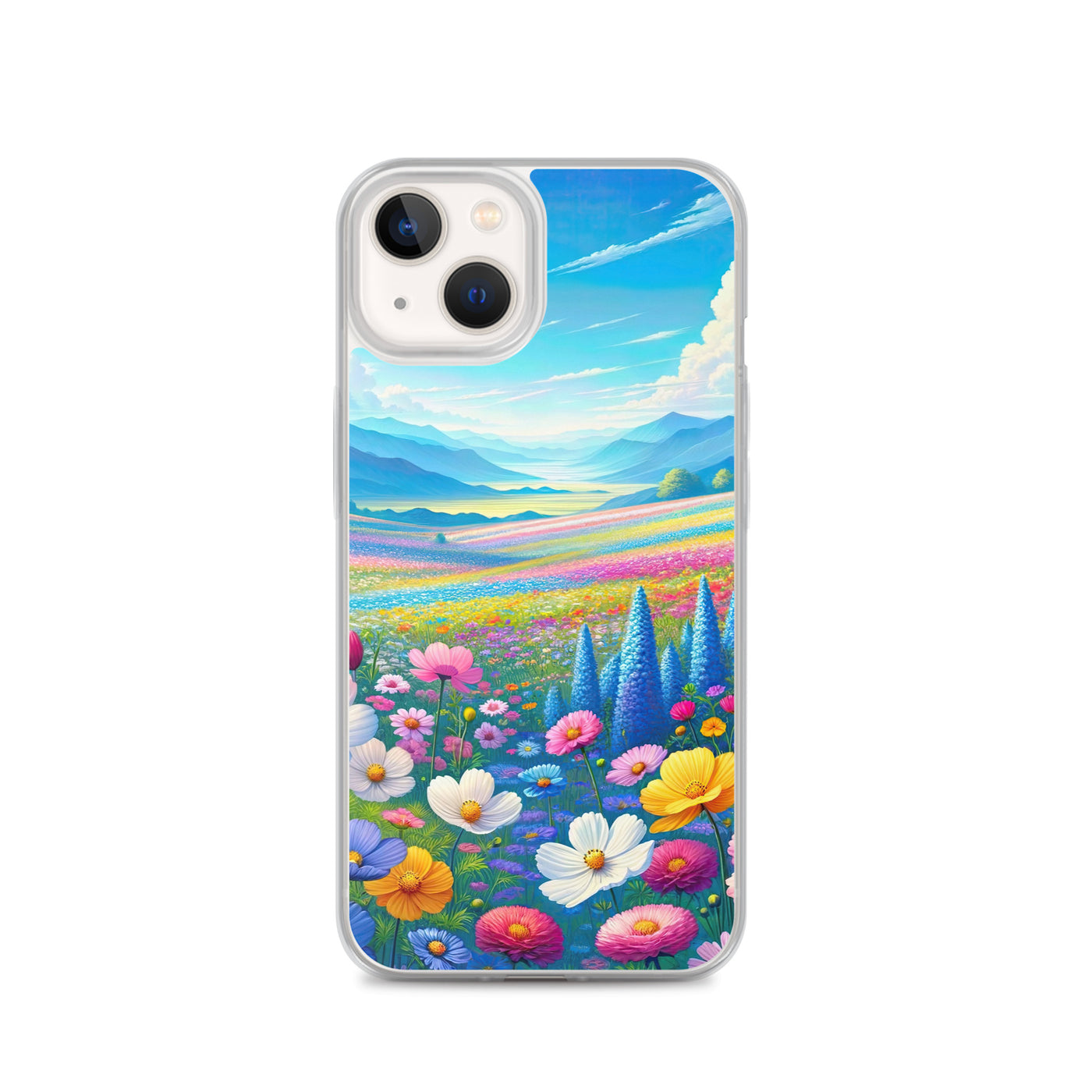 Weitläufiges Blumenfeld unter himmelblauem Himmel, leuchtende Flora - iPhone Schutzhülle (durchsichtig) camping xxx yyy zzz iPhone 13